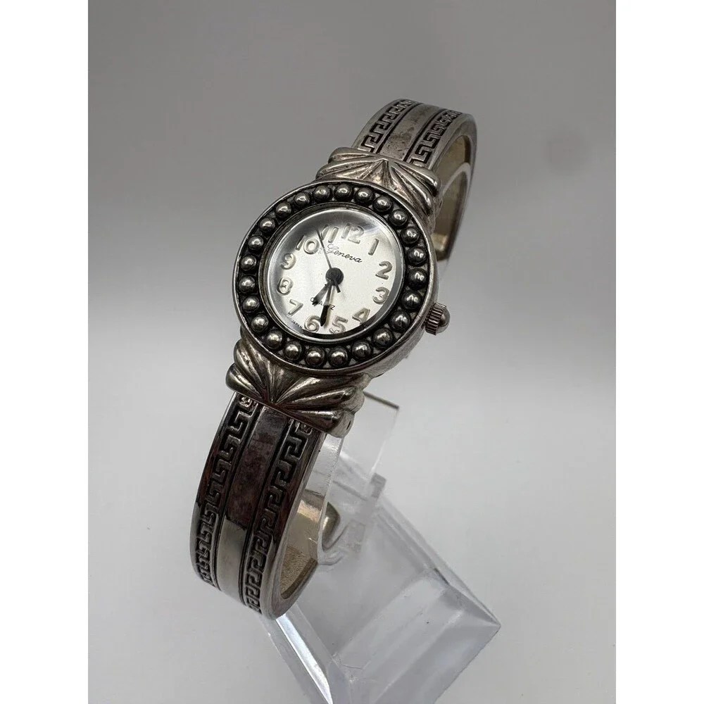 Geneva Cuff Bangle Watch No 6053 Silver Tone Greek Key Japan Movt